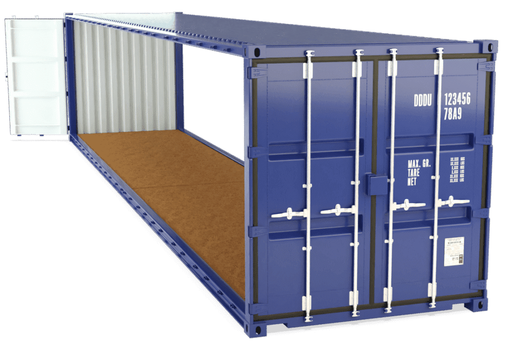 A shipping container with open-side doors.