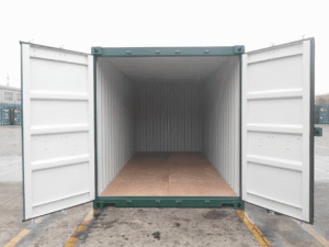 A standard door shipping container with doors open.