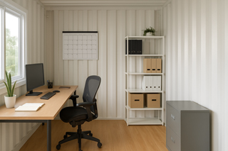 Compact shipping container office with a foldable desk, ergonomic chair, and minimalist shelving, demonstrating efficient use of space.