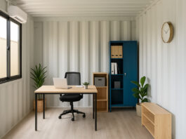 Interior of a neatly organized shipping container office with a minimalist desk, laptop, indoor plants, and vertical storage cabinets under natural light.