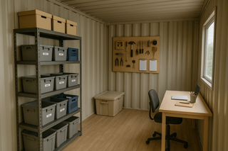 Vertical shelving and labeled bins in a compact modular office.