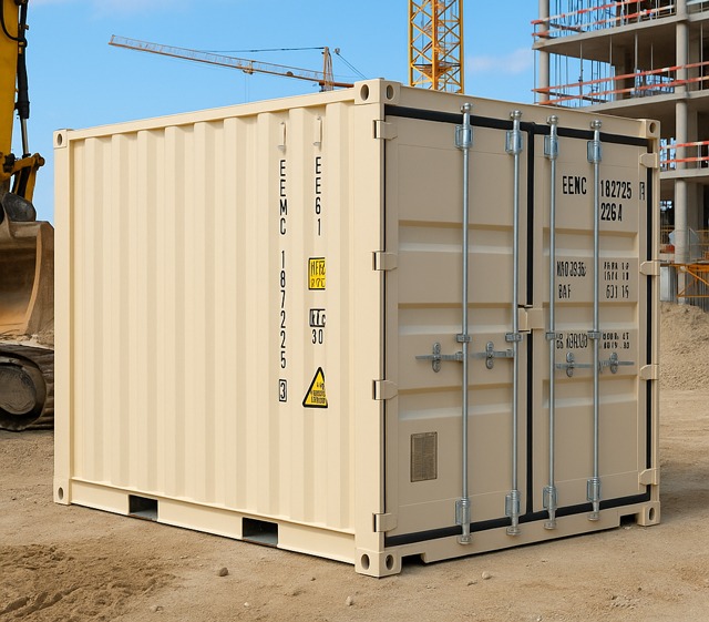 20-foot beige CONEX box at a construction site with excavator and scaffolding in the background.