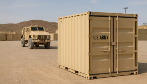 Beige CONEX box at a military base with MRAP vehicle in background