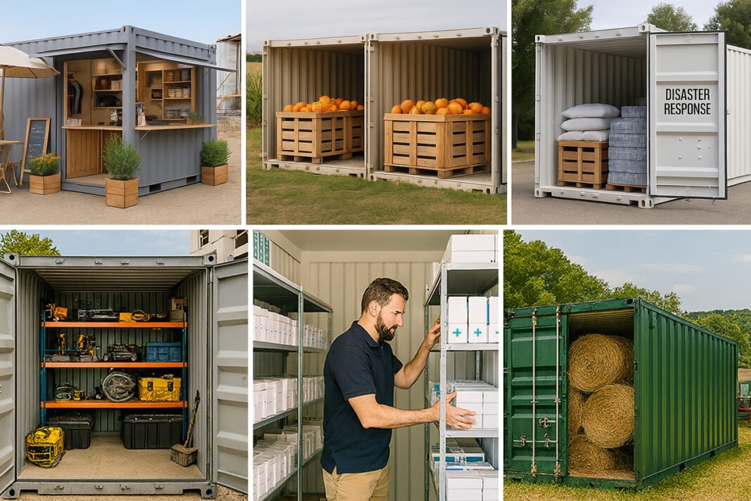 Collage of CONEX containers used for tool storage, site offices, retail booths, farm overflow, and emergency relief