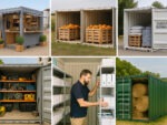 Collage of CONEX containers used for tool storage, site offices, retail booths, farm overflow, and emergency relief