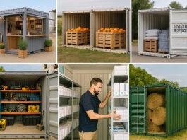 Collage of CONEX containers used for tool storage, site offices, retail booths, farm overflow, and emergency relief
