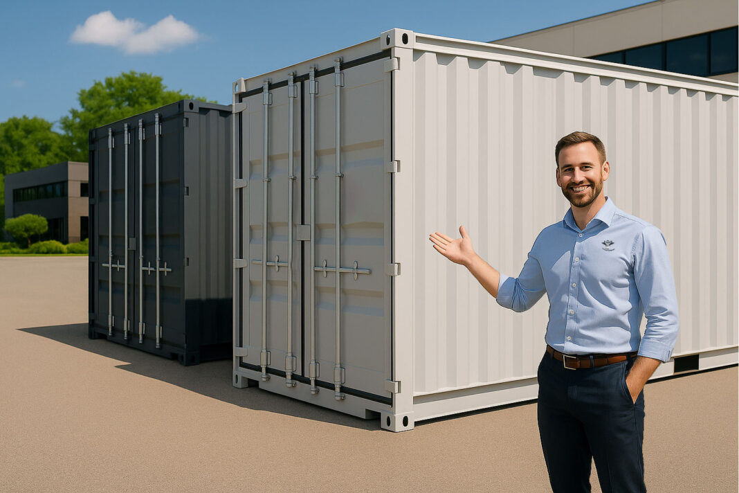 Business professional demonstrating container rental options with portable storage units in various sizes on a company lot