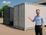 Revolutionizing Business Operations with Container Rental Solutions Business professional demonstrating container rental options with portable storage units in various sizes on a company lot
