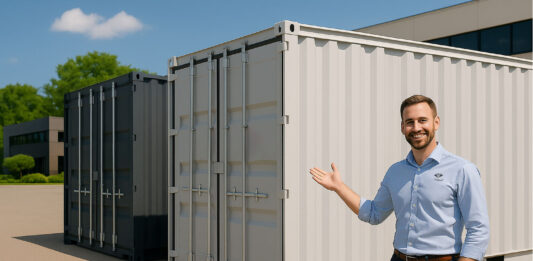 Business professional demonstrating container rental options with portable storage units in various sizes on a company lot