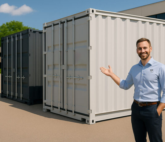 Business professional demonstrating container rental options with portable storage units in various sizes on a company lot