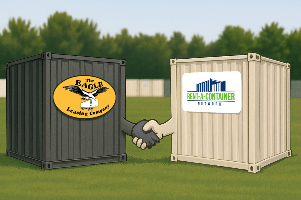 Cartoon of two storage containers shaking hands