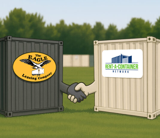 Cartoon of two storage containers shaking hands