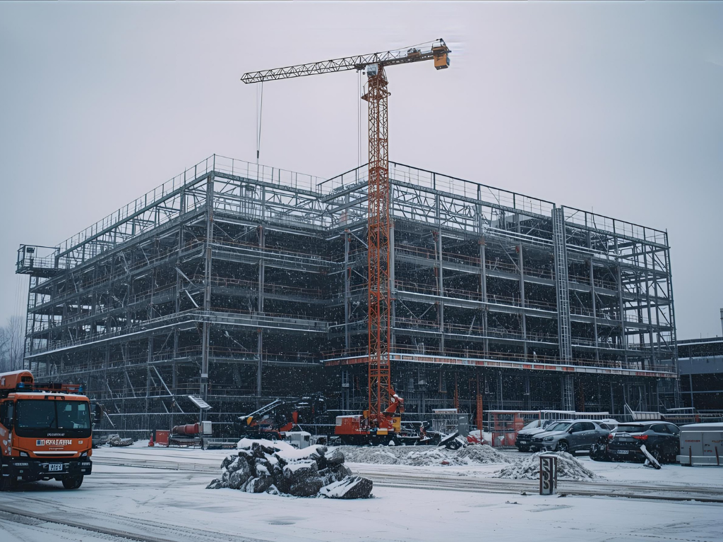 Construction site covered in snow.