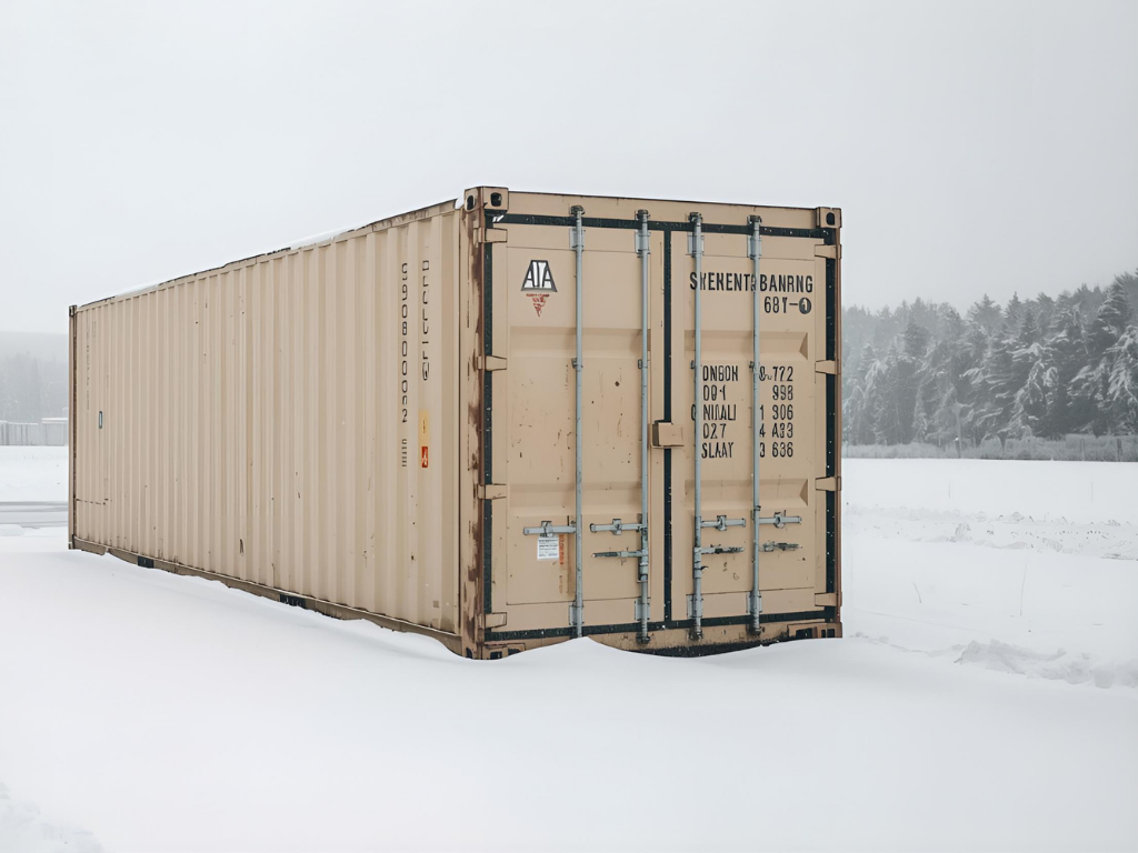 Beige shipping container in the snow.