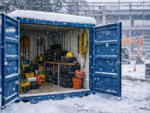 Weather-ready jobsite storage container protecting materials from snow and rain