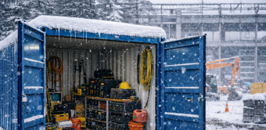 Weather-ready jobsite storage container protecting materials from snow and rain
