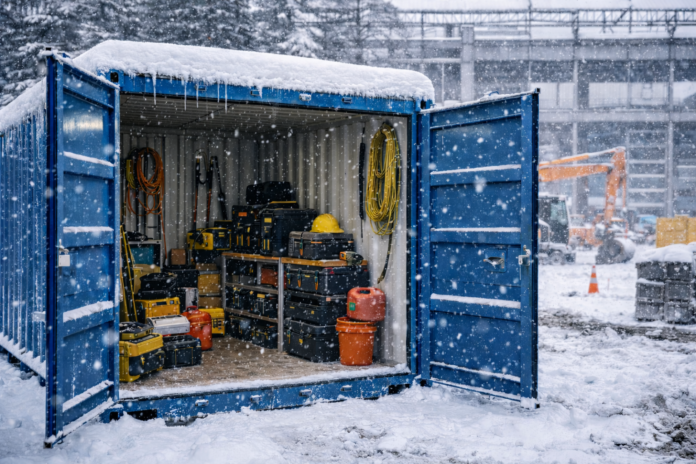 Weather-ready jobsite storage container protecting materials from snow and rain