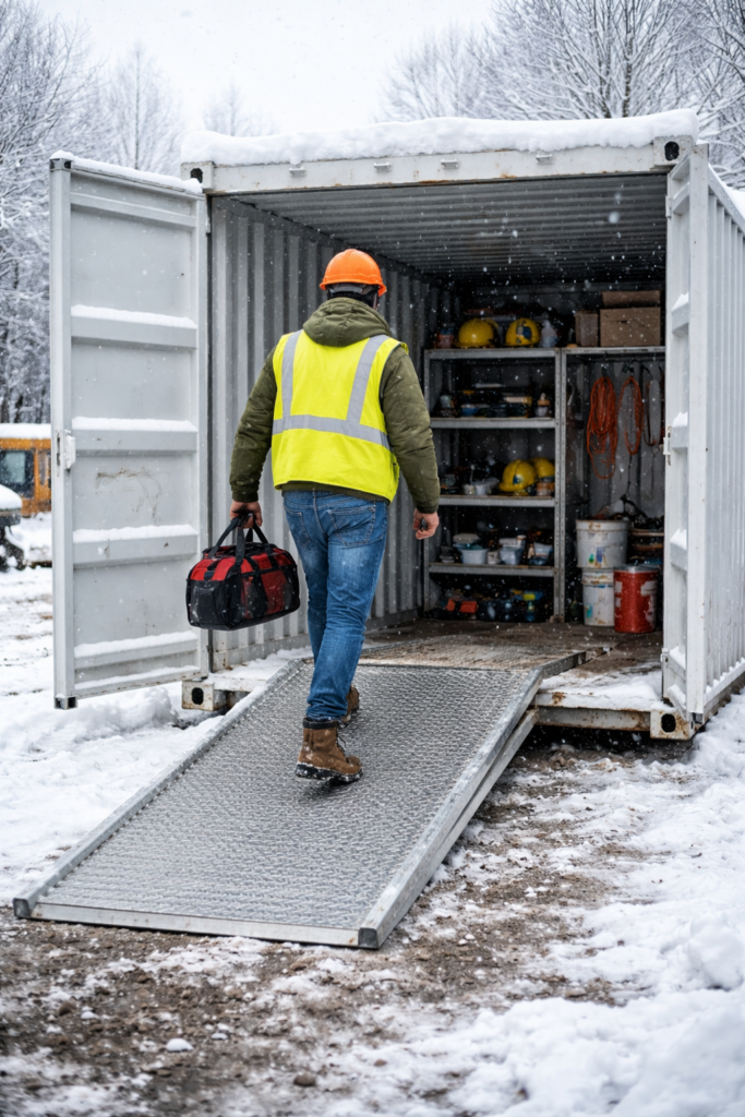 Construction site storage container prepared for unpredictable weather